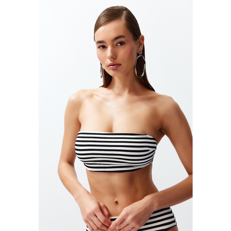 Trendyol Black-White Striped Strapless Textured Hipster Bikini Top