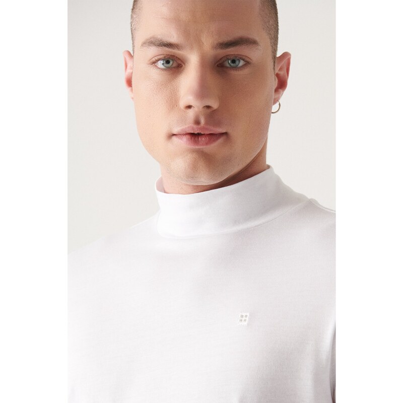 Avva Men's White Ultrasoft High Collar Long Sleeve Cotton Slim Fit Slim-Fit T-shirt