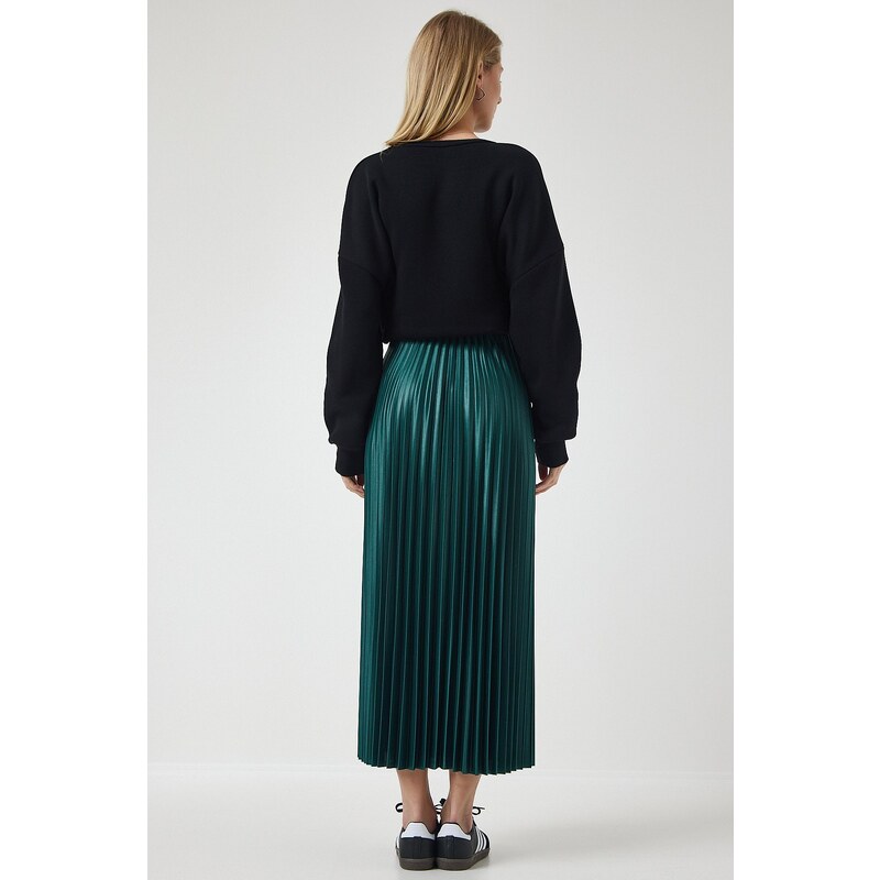 Happiness İstanbul Women's Emerald Green Shiny Finish Pleated Knitted Skirt