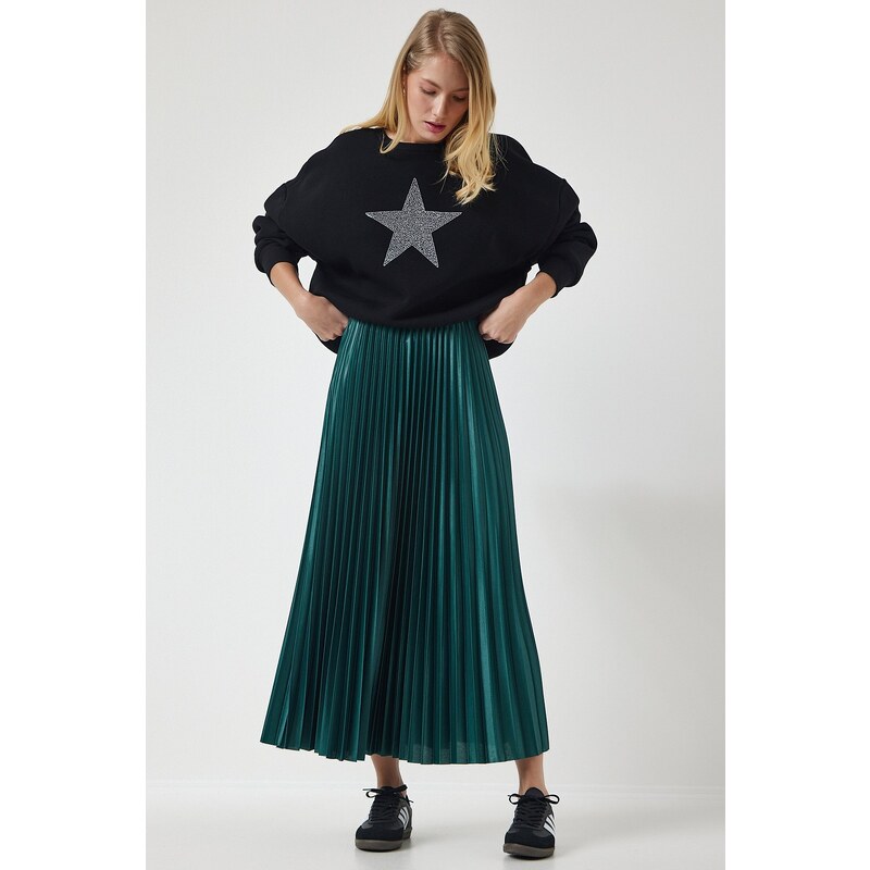 Happiness İstanbul Women's Emerald Green Shiny Finish Pleated Knitted Skirt