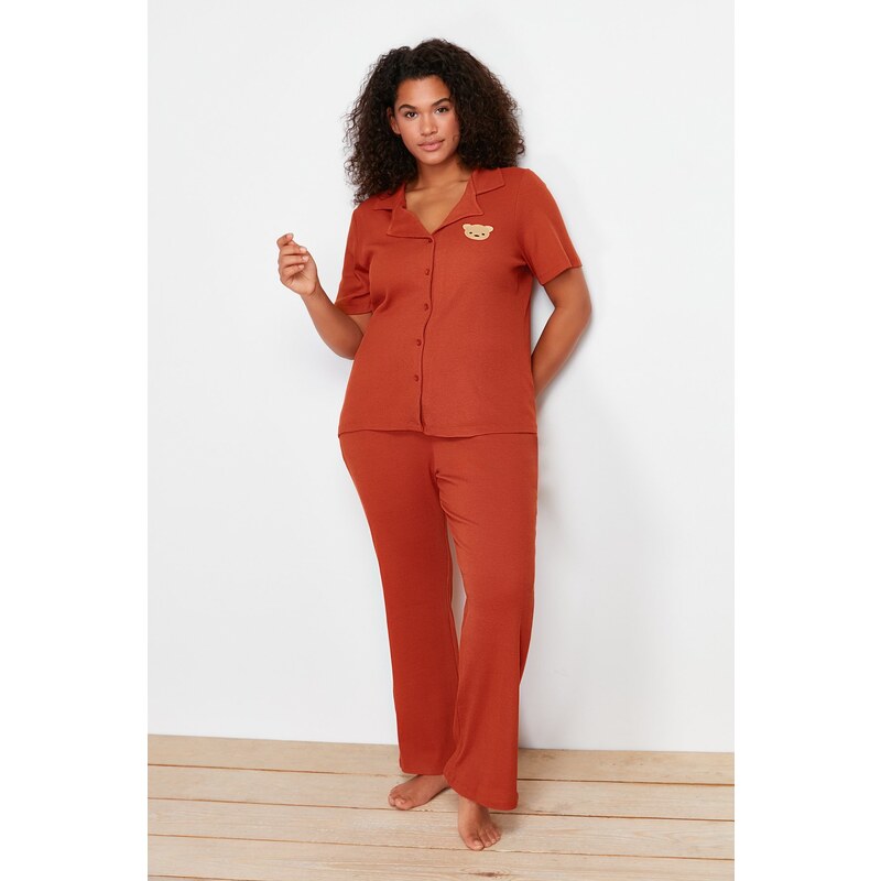 Trendyol Curve Cinnamon Embroidered Shirt Collar Knitted Pajamas Set