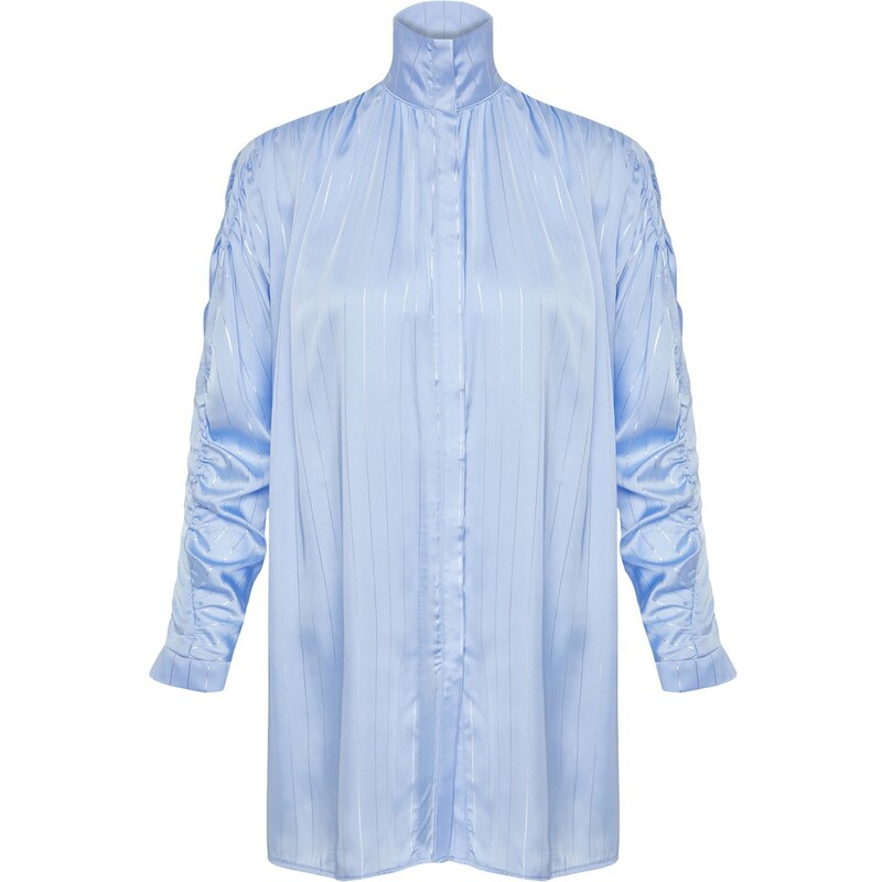 Trendyol Blue Silvery Striped Sleeve Gathered Woven Shirt