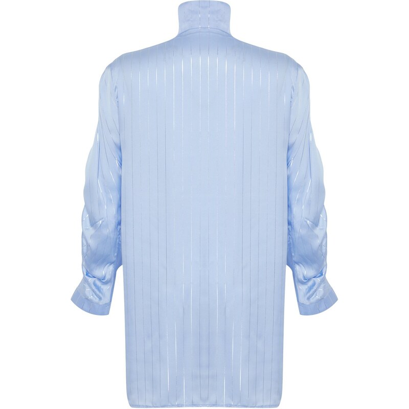 Trendyol Blue Silvery Striped Sleeve Gathered Woven Shirt