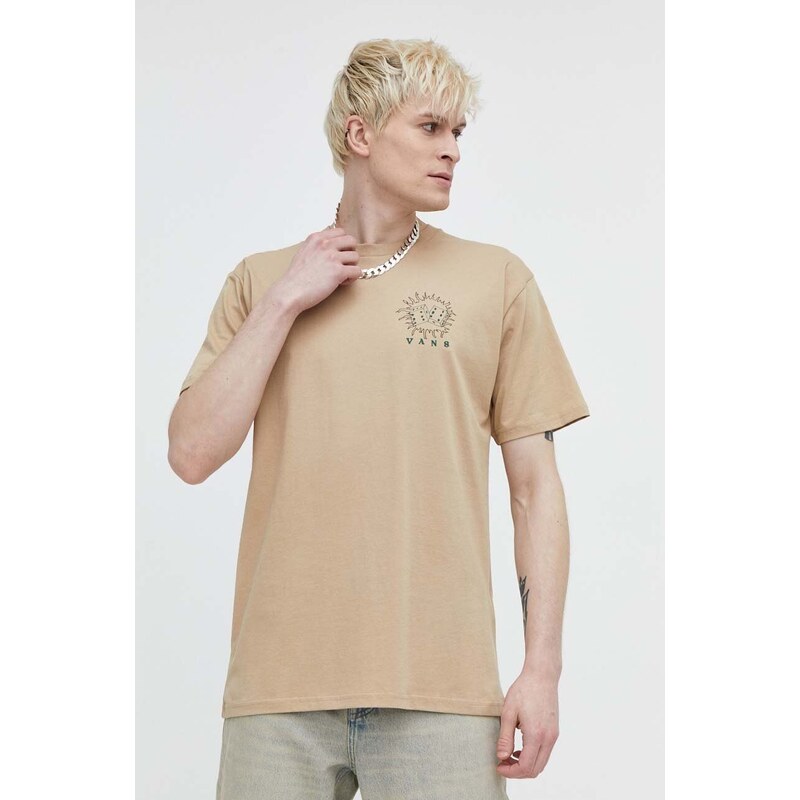 Bavlněné tričko Vans hnědá barva, s potiskem