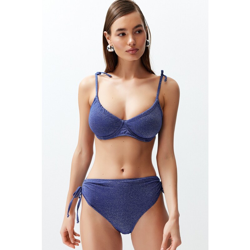 Trendyol Navy Blue Balconette Tie-Up Silvery High Waist Hipster