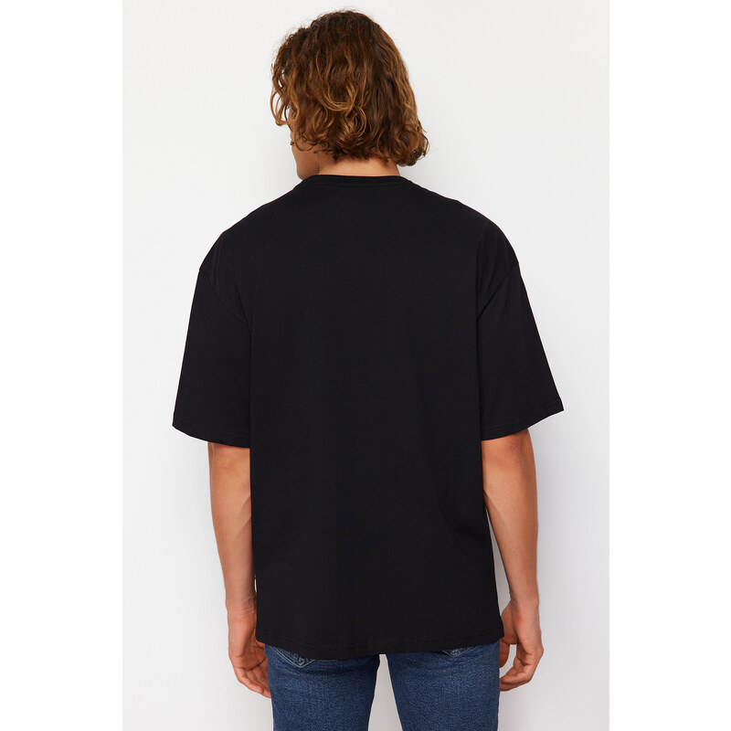 Trendyol Black Oversize/Wide Fit Text Applique Embroidered 100% Cotton Short Sleeve T-Shirt