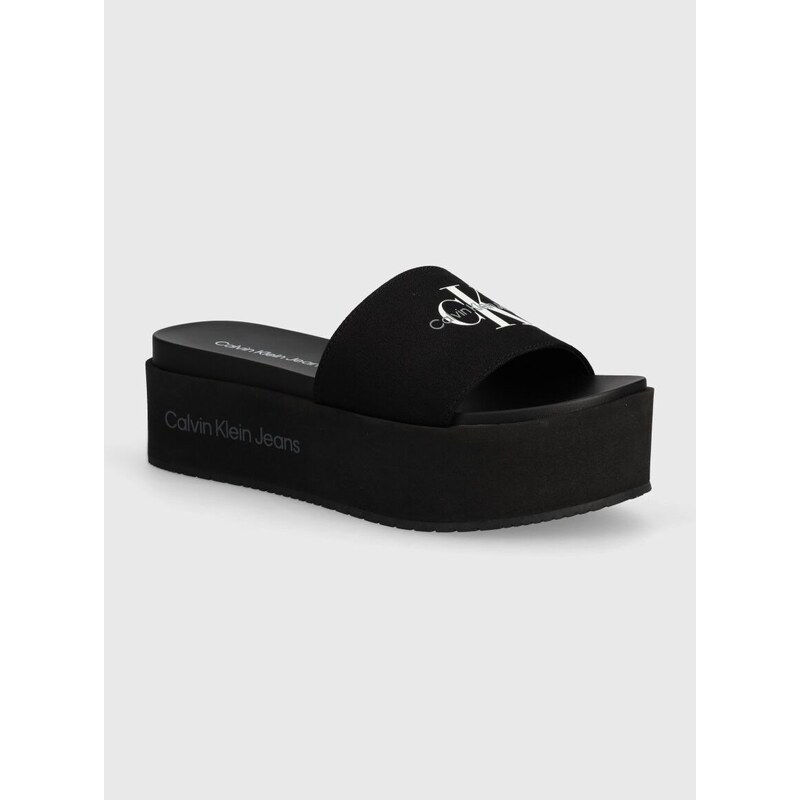 Pantofle Calvin Klein Jeans FLATFORM SANDAL MET dámské, černá barva, na platformě, YW0YW01036