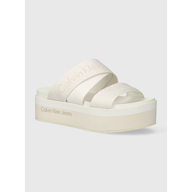 Pantofle Calvin Klein Jeans FLATFORM SANDAL WEBBING IN MR dámské, béžová barva, na platformě, YW0YW01361