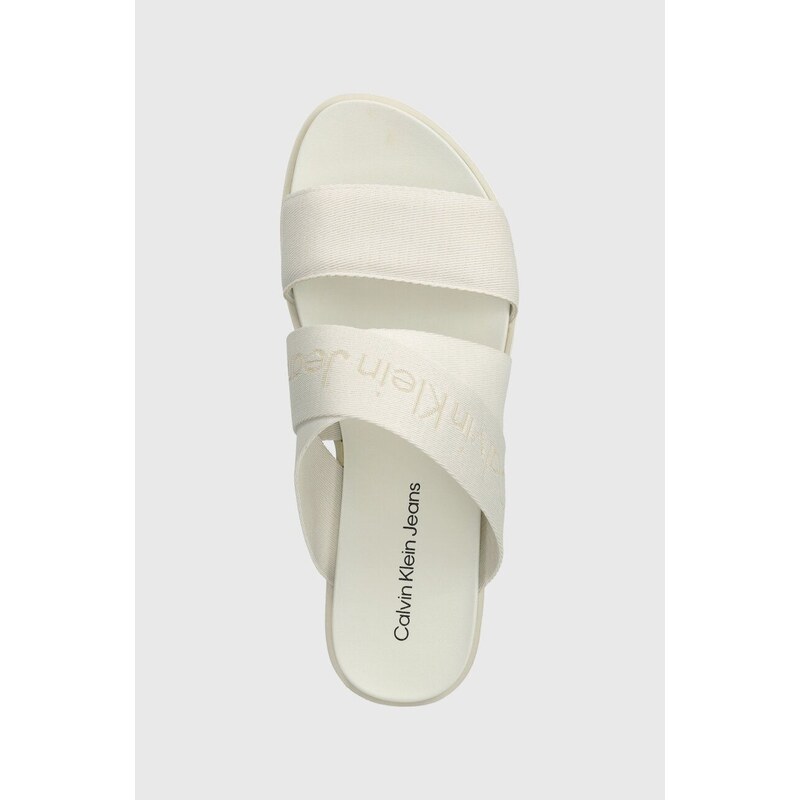 Pantofle Calvin Klein Jeans FLATFORM SANDAL WEBBING IN MR dámské, béžová barva, na platformě, YW0YW01361