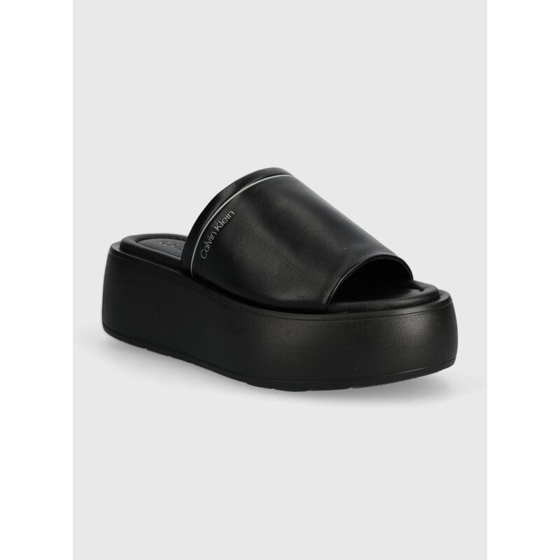 Kožené pantofle Calvin Klein FLATFORM SLIDE LTH dámské, černá barva, na platformě, HW0HW01943