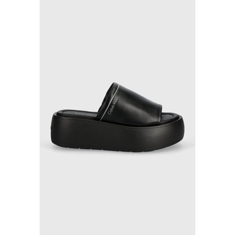 Kožené pantofle Calvin Klein FLATFORM SLIDE LTH dámské, černá barva, na platformě, HW0HW01943