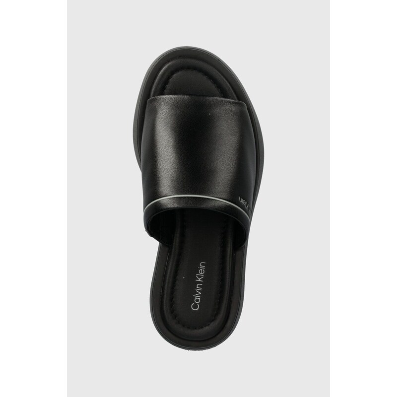 Kožené pantofle Calvin Klein FLATFORM SLIDE LTH dámské, černá barva, na platformě, HW0HW01943