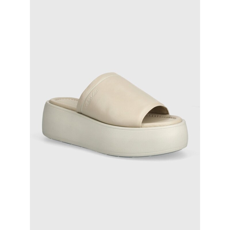 Kožené pantofle Calvin Klein FLATFORM SLIDE LTH dámské, béžová barva, na platformě, HW0HW01943