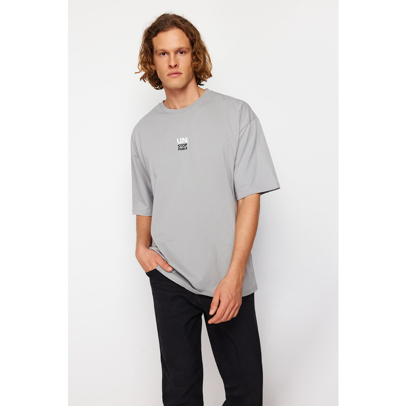 Trendyol Gray Oversize/Wide Cut Text Printed Short Sleeve 100% Cotton T-Shirt