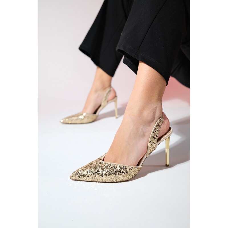 LuviShoes OVERAS Gold Sequined Pointed Toe Women's Thin Heeled Evening Shoes