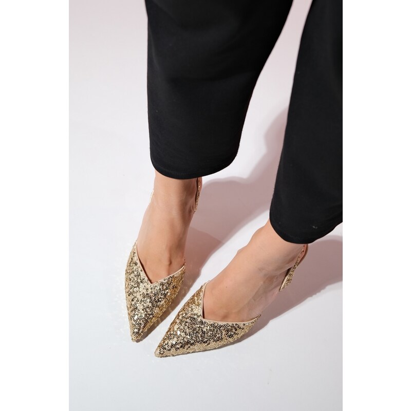 LuviShoes OVERAS Gold Sequined Pointed Toe Women's Thin Heeled Evening Shoes