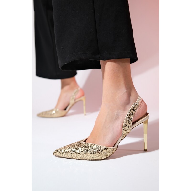 LuviShoes OVERAS Gold Sequined Pointed Toe Women's Thin Heeled Evening Shoes