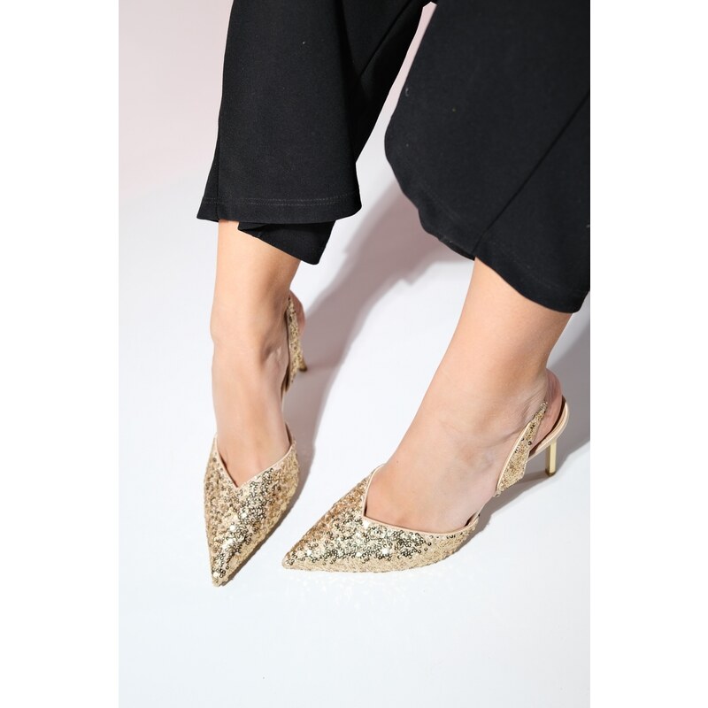 LuviShoes OVERAS Gold Sequined Pointed Toe Women's Thin Heeled Evening Shoes