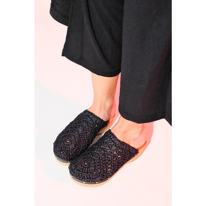 LuviShoes COOPER Black Knitted Genuine Leather Wedge Heel Slippers