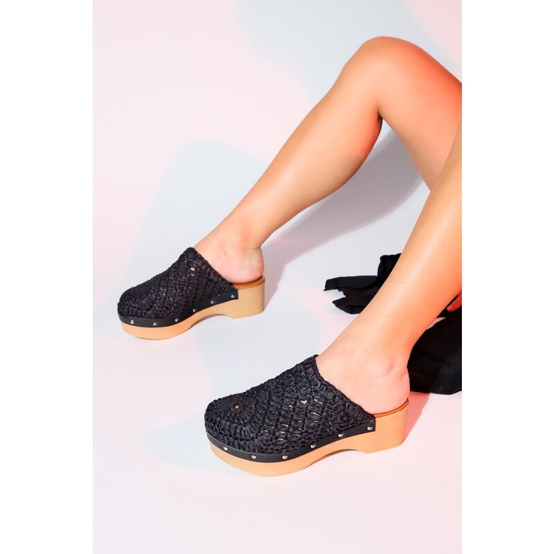 LuviShoes COOPER Black Knitted Genuine Leather Wedge Heel Slippers