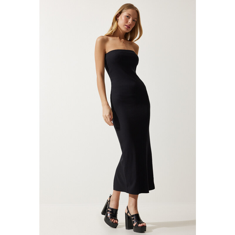 Happiness İstanbul Women's Black Strapless Slit Wrap Knitted Dress