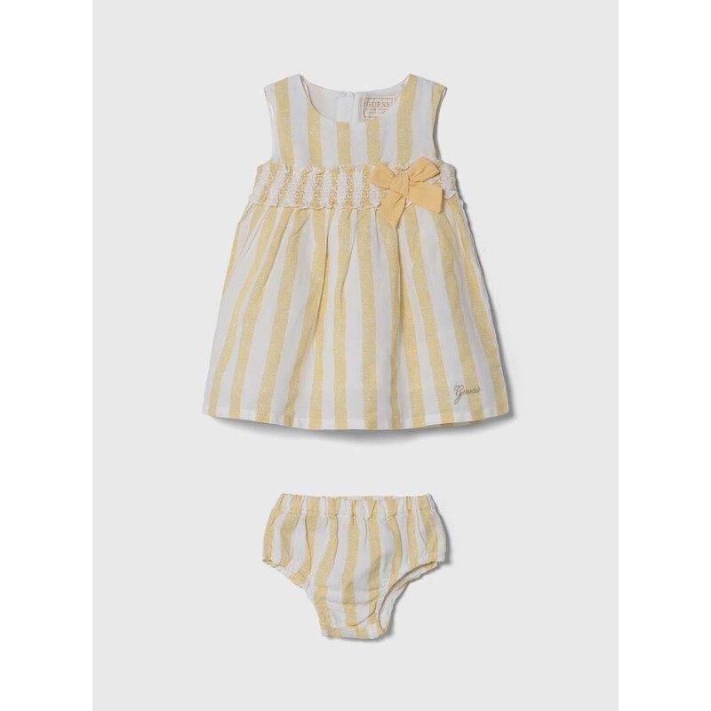 Dětské šaty s příměsí lnu Guess žlutá barva, mini