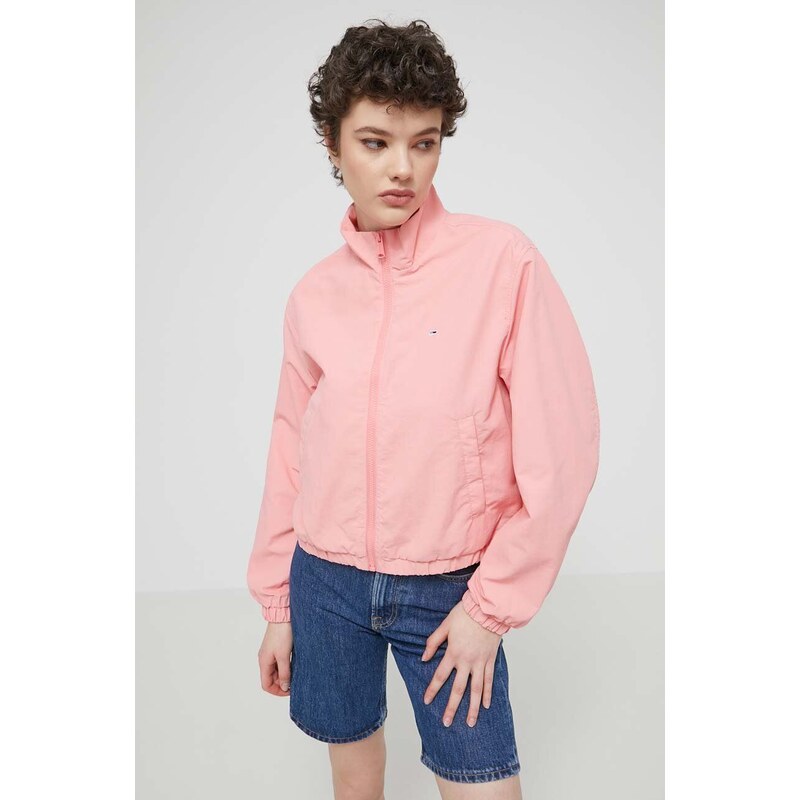 Bunda Tommy Jeans dámská, růžová barva, přechodná