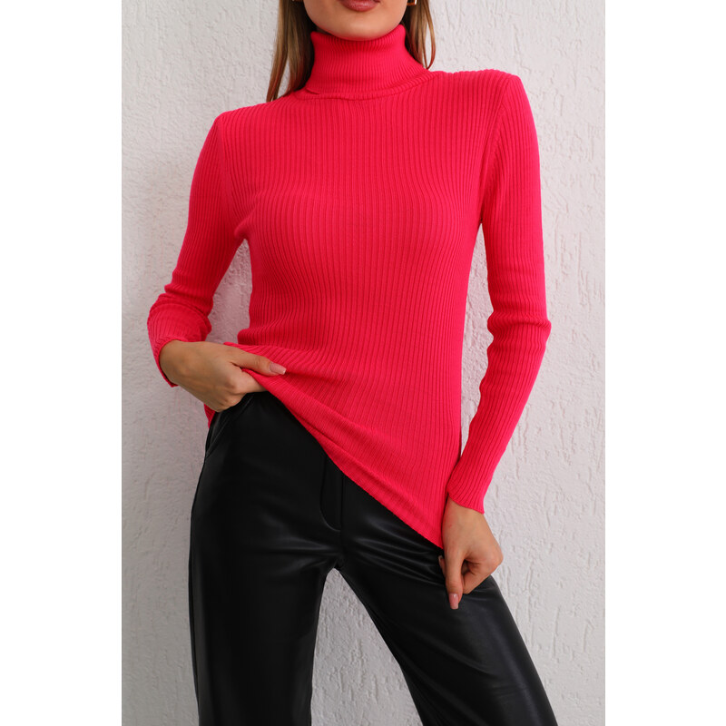 BİKELİFE Women's Pink Lycra Flexible Neck Knitwear Sweater