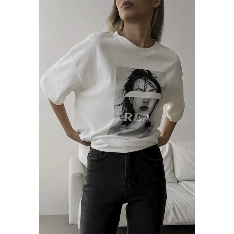 Madmext Ecru Women's Oversized Printed T-Shirt