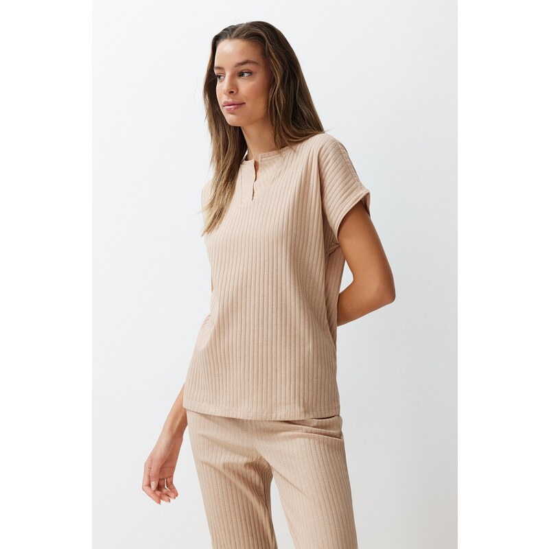 Trendyol Beige Ribbed Collar Detailed Knitted Pajamas Set