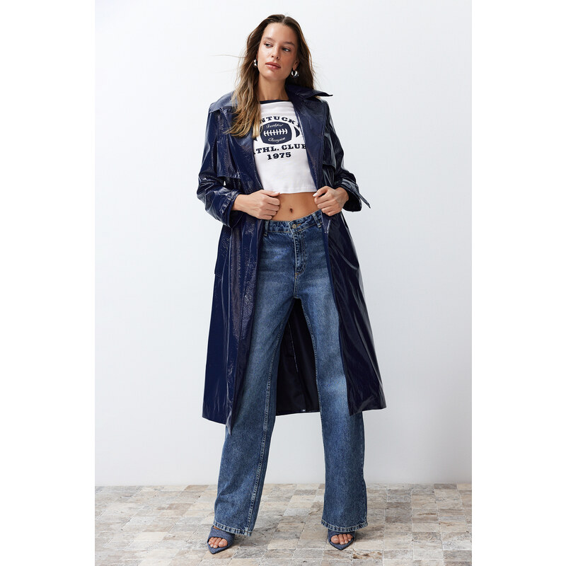 Trendyol Navy Blue Oversize Wide Cut Patent Leather Trench Coat