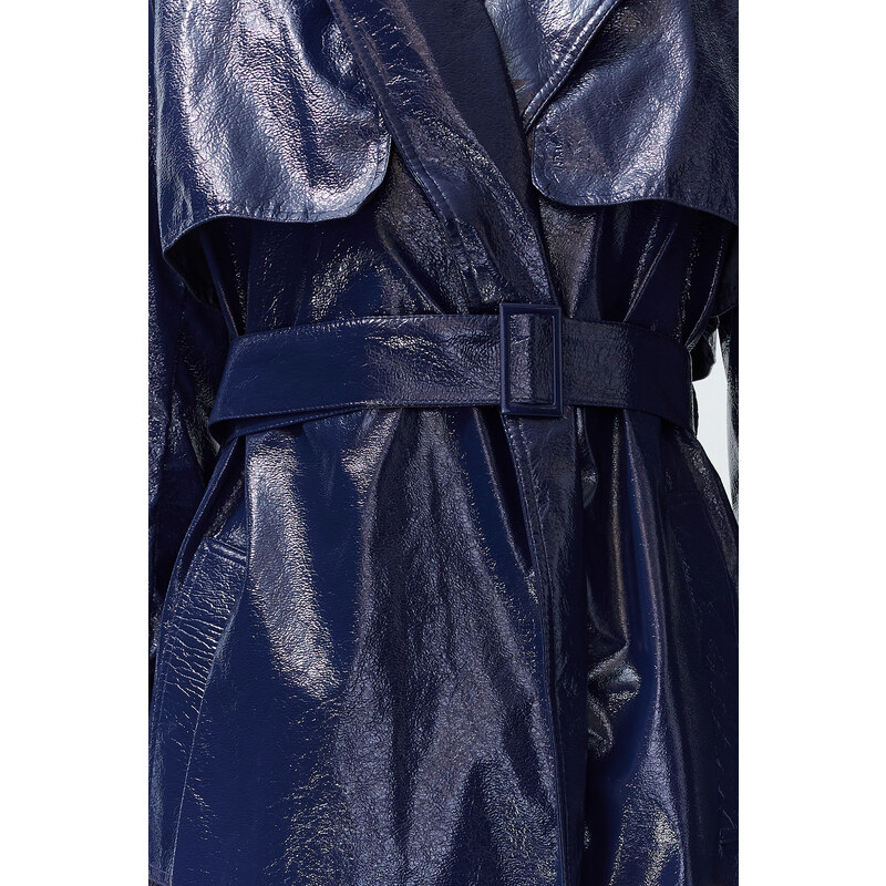 Trendyol Navy Blue Oversize Wide Cut Patent Leather Trench Coat