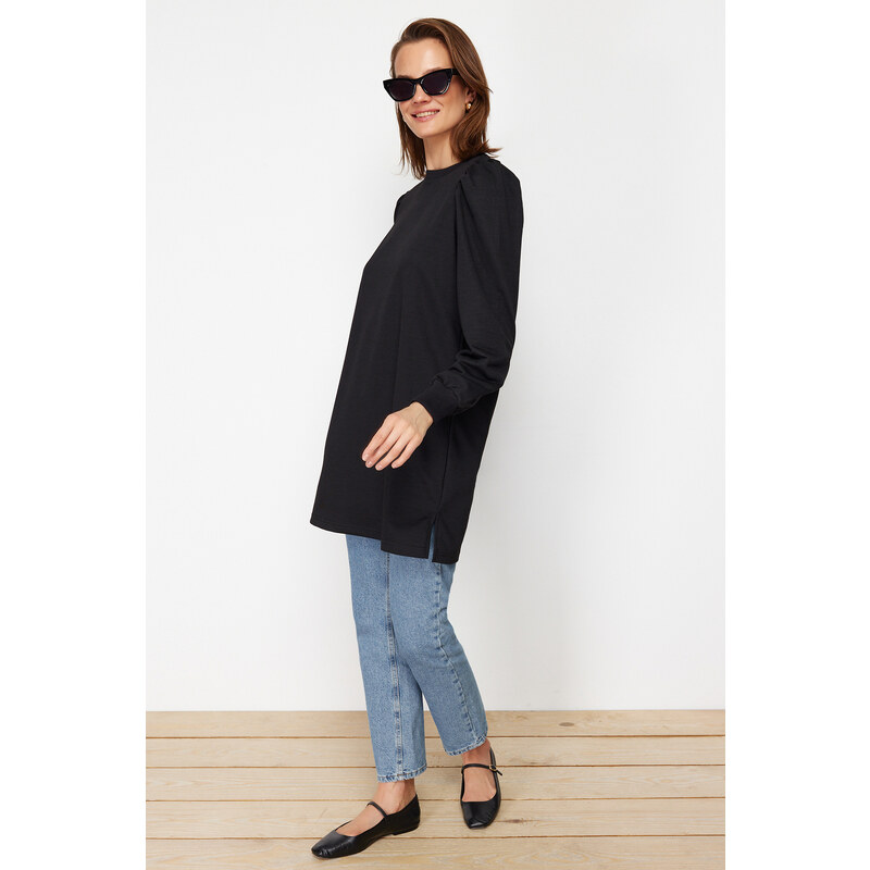 Trendyol Black Sleeve Detailed Knitted Crew Neck Slit Tunic