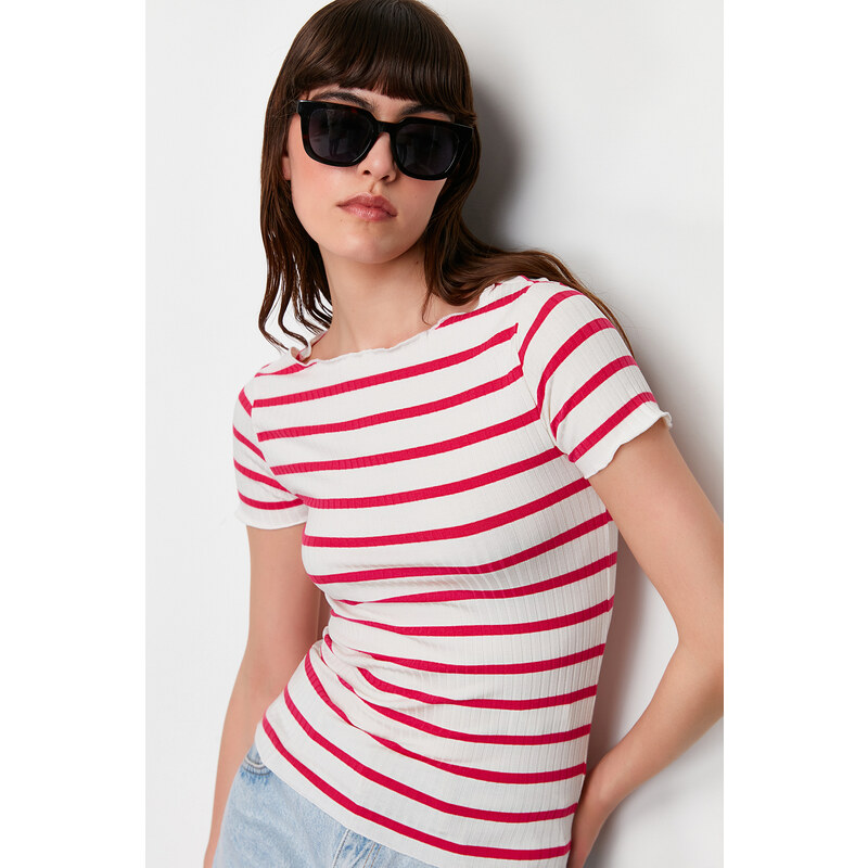 Trendyol Fuchsia Striped Boat Rock Ribbed Stretch Knitted Blouse