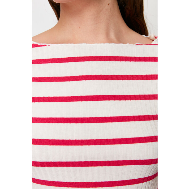 Trendyol Fuchsia Striped Boat Rock Ribbed Stretch Knitted Blouse