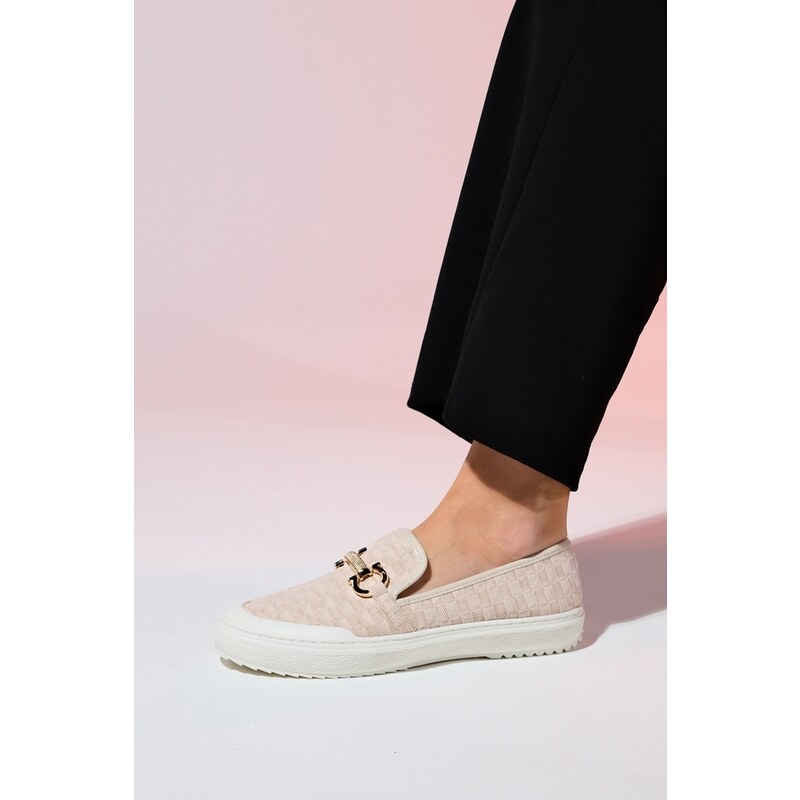 LuviShoes MARRAKECH Beige Denim Women's Buckled Loafer Shoes