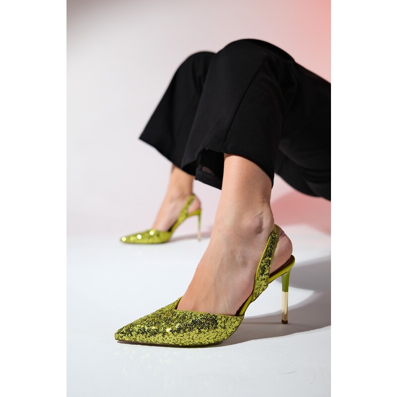 LuviShoes OVERAS Green Sequined Pointed Toe Women's Thin Heeled Evening Shoes