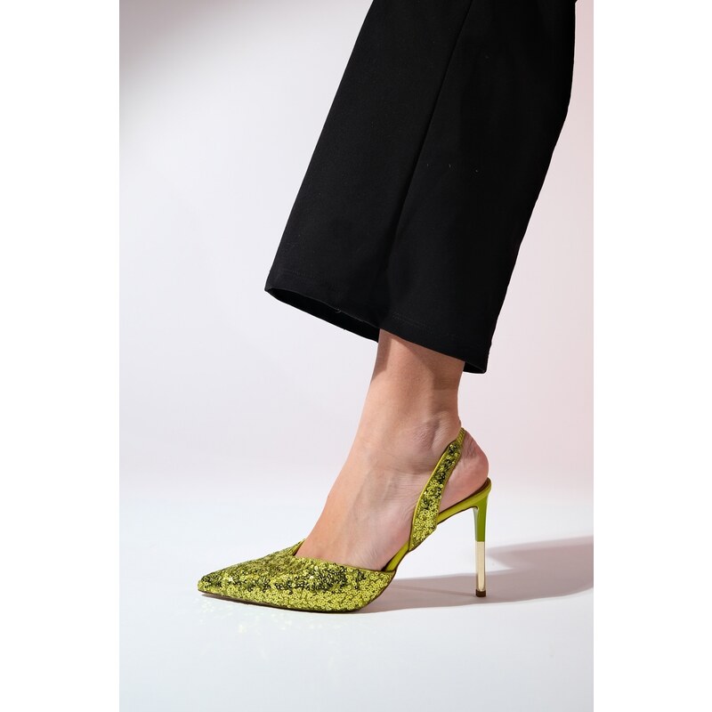 LuviShoes OVERAS Green Sequined Pointed Toe Women's Thin Heeled Evening Shoes