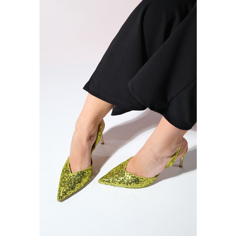 LuviShoes OVERAS Green Sequined Pointed Toe Women's Thin Heeled Evening Shoes