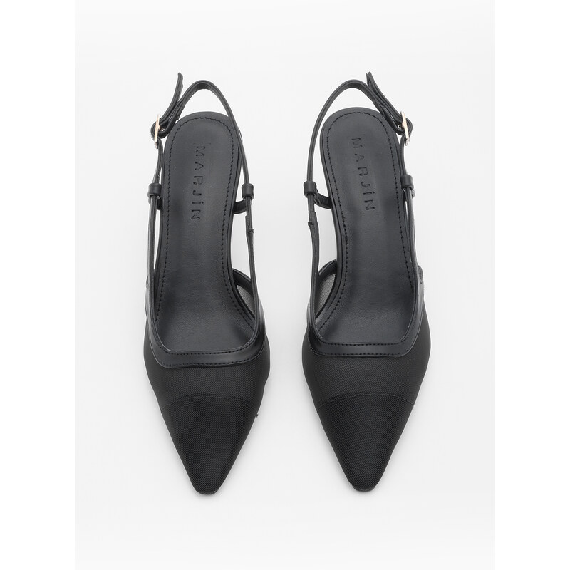 Marjin Women's Pointed Toe Open Back Mesh Classic Heel Shoes Bevon Black