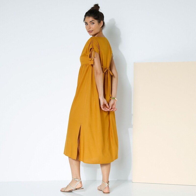 Blancheporte Midi jednobarevné šaty s krátkými rukávy okrová 40