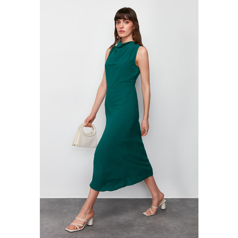 Trendyol Emerald Green Degaje Collar Skirt Cut Detail Woven Midi Dress