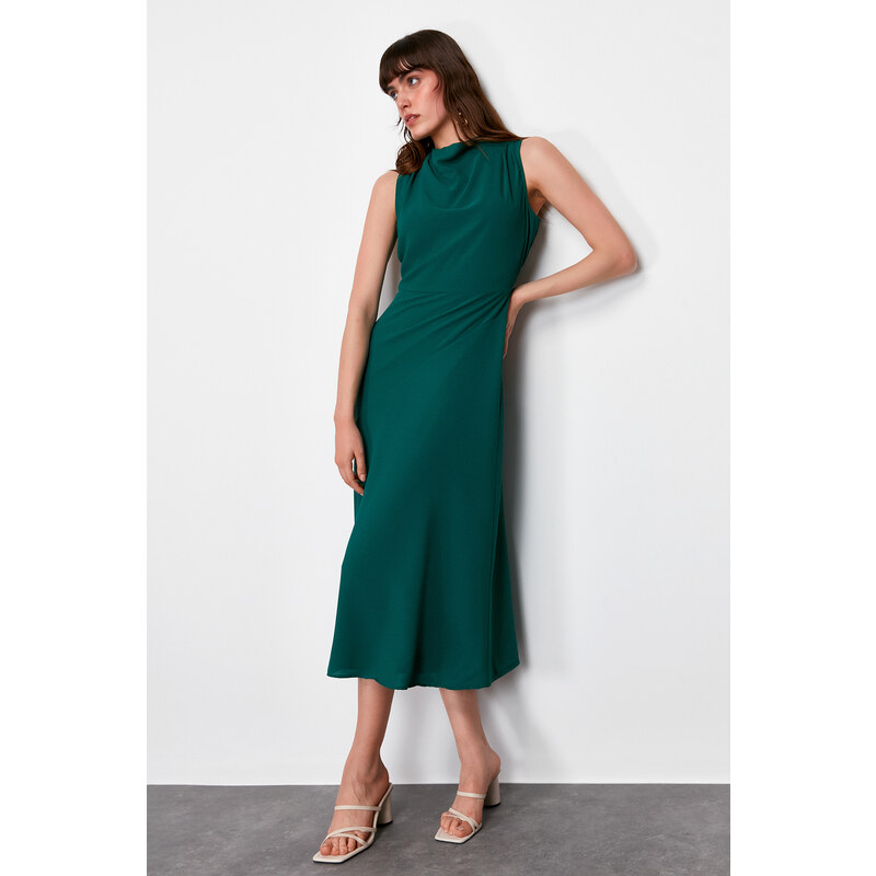 Trendyol Emerald Green Degaje Collar Skirt Cut Detail Woven Midi Dress