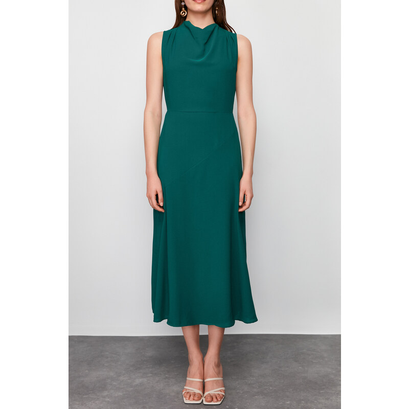 Trendyol Emerald Green Degaje Collar Skirt Cut Detail Woven Midi Dress