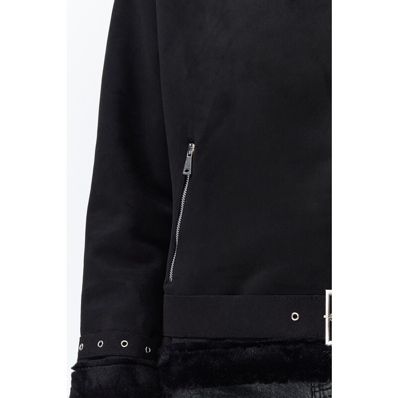 Trendyol Black Plush Detailed Suede Belted Biker Coat