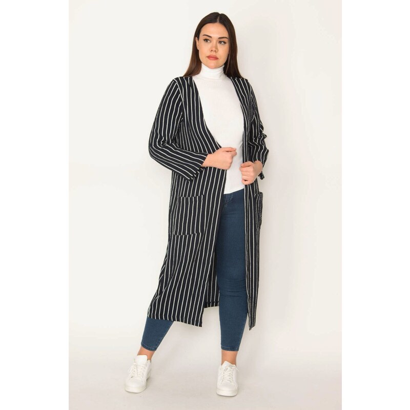 Şans Women's Plus Size Navy Blue Pocket Detailed Striped Cape