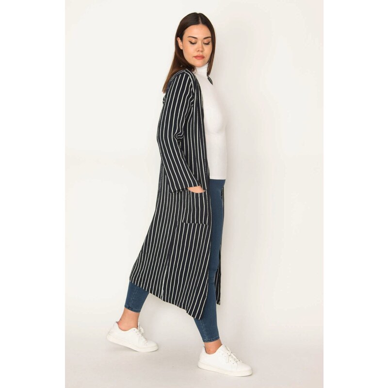 Şans Women's Plus Size Navy Blue Pocket Detailed Striped Cape