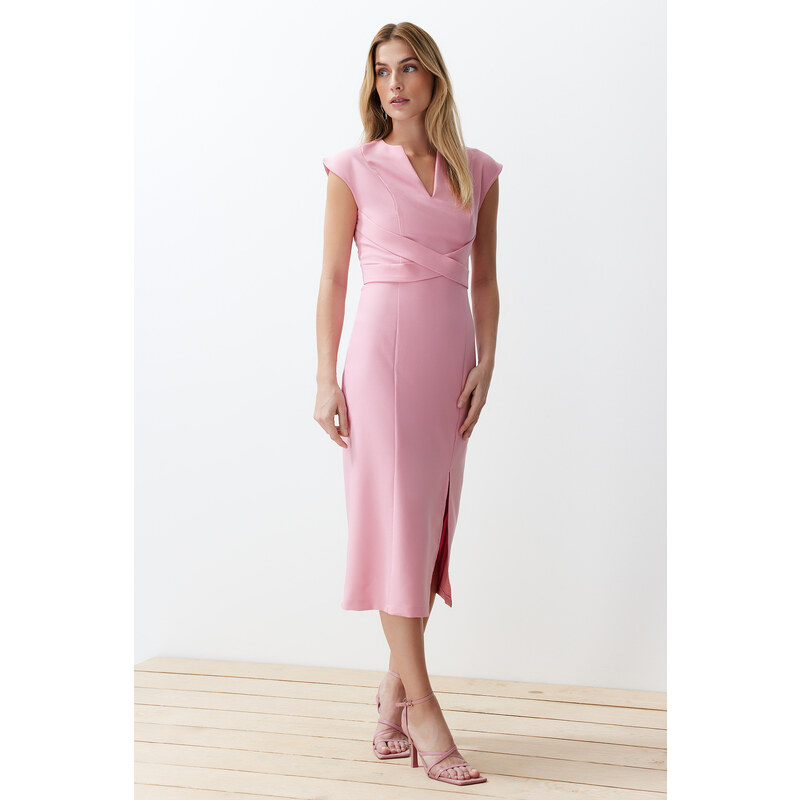 Trendyol Pink Body Wrap V-Neck Slit Detailed Woven Midi Dress