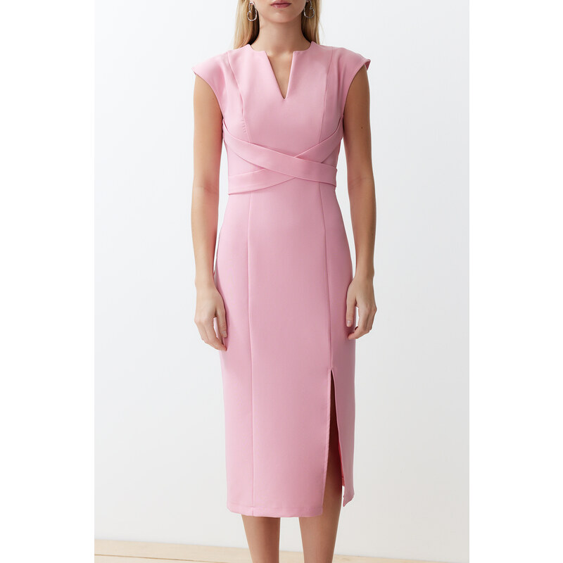 Trendyol Pink Body Wrap V-Neck Slit Detailed Woven Midi Dress