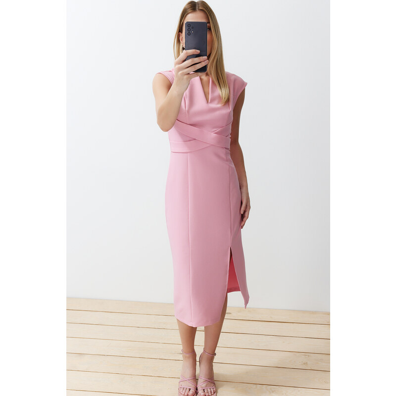 Trendyol Pink Body Wrap V-Neck Slit Detailed Woven Midi Dress